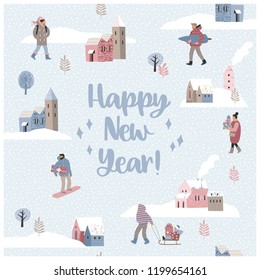 Christmas and Happy New Year seamless illustration whit winter landscape. Trendy retro style. Vector design template. Christmas and Happy New Year seamless illustration whit winter landscape. Trendy retro style. Vector design template.