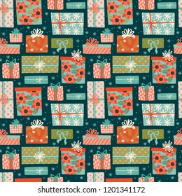 Christmas and Happy New Year seamless pattern with gift boxes. Trendy retro style. Vector design template.