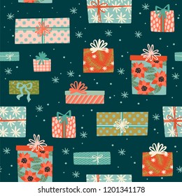 Christmas and Happy New Year seamless pattern with gift boxes. Trendy retro style. Vector design template.