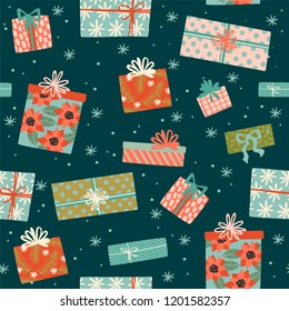 Christmas and Happy New Year seamless pattern with gift boxes. Trendy retro style. Vector design template.