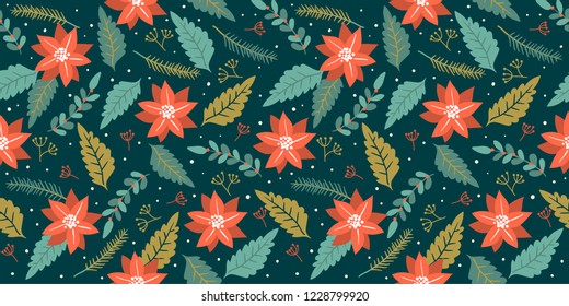 Christmas and Happy New Year Seamless pattern with poinsettia leaves