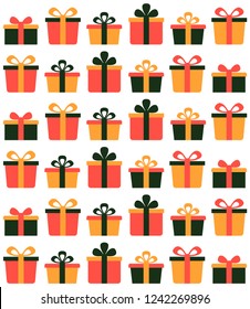 Christmas and Happy New Year seamless pattern with gift boxes. Happy Birthday. Trendy retro style. Vector design template.