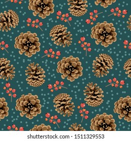 Christmas And Happy New Year Seamless Pattern. Endless Cute Cartoon Vector With Pinecone And Berries.