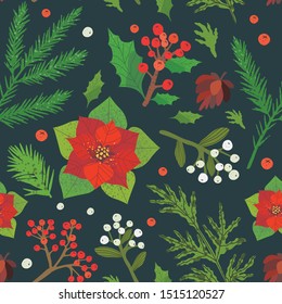 Christmas and happy new year seamless pattern with mistletoe, ashberry, poinsettia and other decorations that can be used for wrapping paper, wallpaper, fabric, texture and textile prints.