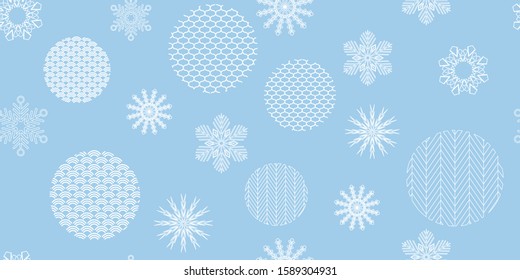 Christmas and happy new year seamless pattern with Snowflakes and circles on Bule background. Template greeting card in oriental style. Geometric Vector illustration.