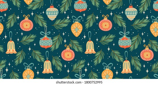 Christmas and Happy New Year seamless pattern with Christmas decorations. Trendy retro style. Vector design template.