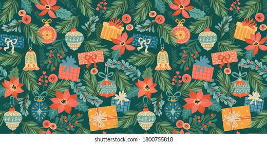 Christmas and Happy New Year seamless pattern with Christmas toys and gifts. Trendy retro style. Vector design template.