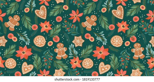 Christmas and Happy New Year seamless pattern with gingerbread. Trendy retro style. Vector design template.