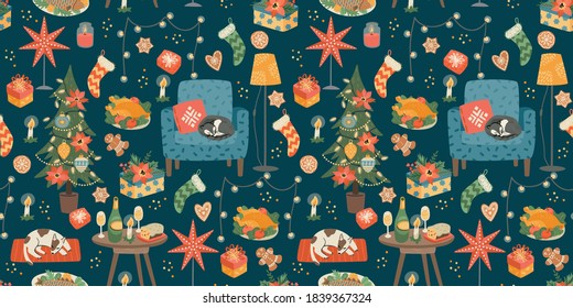 Christmas and Happy New Year seamless pattern. Sweet home. Vector design template.