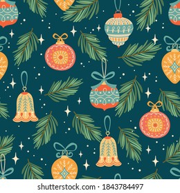 Christmas and Happy New Year seamless pattern with Christmas toys. Trendy retro style. Vector design