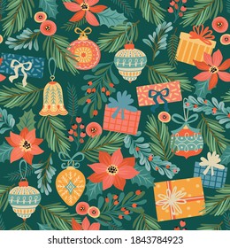 Christmas and Happy New Year seamless pattern with Christmas decorations, flowers and gifts. Trendy retro style. Vector design