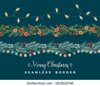 Christmas and Happy New Year seamless borders. Garlands, christmas tree, light bulbs, New Year symbols. Vector design template.