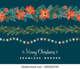 Christmas and Happy New Year seamless borders. Garlands, christmas tree, light bulbs, New Year symbols. Vector design template.