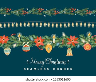 Christmas and Happy New Year seamless borders. Garlands, christmas tree, light bulbs, New Year symbols. Vector design template.