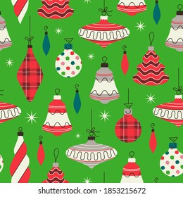 Christmas and Happy New Year seamless pattern with tree ornaments. Trendy vintage style. Textiles, wrapping, card, pack paper with xmas design.