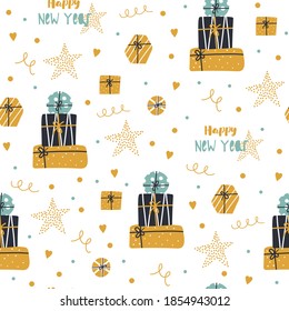 Christmas and Happy New Year seamless pattern with cute gifts. 