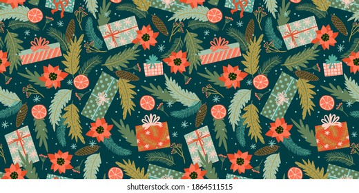 Christmas and Happy New Year seamless pattern with gift boxes. Trendy retro style. Vector design template.