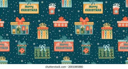 Christmas and Happy New Year seamless pattern with gift boxes. Trendy retro style. Vector design template.