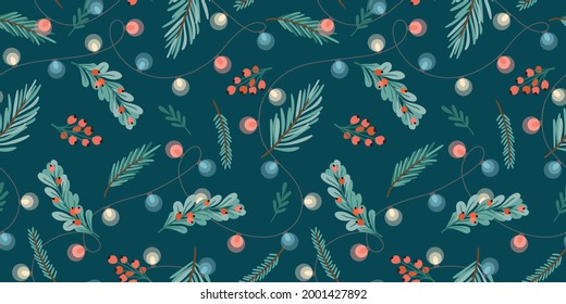 Christmas and Happy New Year seamless pattern. Garlands, christmas tree, light bulbs, berries. New Year symbols.Trendy retro style. Vector design template.