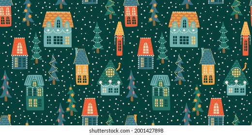 Christmas and Happy New Year seamless pattern. City, houses, Christmas trees, snow. New Year symbols.Trendy retro style. Vector design template.