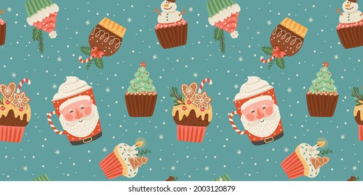 Christmas and Happy New Year seamless pattern with christmas sweet and drink. Trendy retro style. Vector design template.