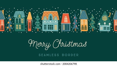 Christmas and Happy New Year seamless border. City, houses, Christmas trees, snow. New Year symbols.Trendy retro style. Vector design template.
