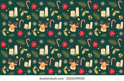 Christmas and Happy New Year seamless pattern. Beautiful poster with repeat elements. Design for packaging, wallpaper and gift decoration. Cartoon flat vector illustration isolated on green background