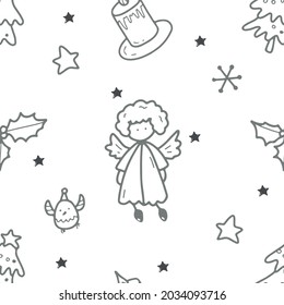 Christmas and Happy New Year seamless pattern with Christmas toys and gifts. Trendy retro style. 