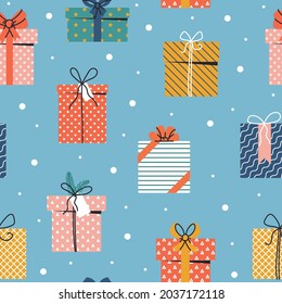 Christmas and Happy New Year seamless pattern with gift boxes and snowflakes on a blue background. Vector illustration in trendy style. 