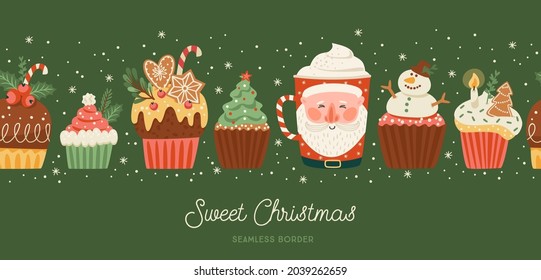 Christmas and Happy New Year seamless border with christmas sweet and drink. Trendy retro style. Vector design template.