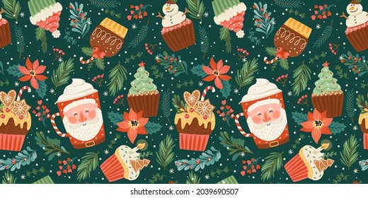 Christmas and Happy New Year seamless pattern with christmas sweet and drink. Vector design template.