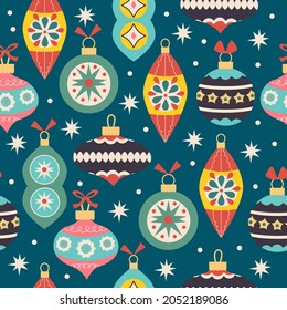 Christmas and Happy New Year seamless pattern with Christmas decorations. Vector illustration in trendy retro style. Well suited for printing textiles, fabric, gift paper.