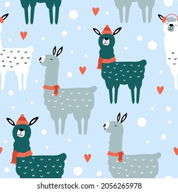 Christmas and Happy New Year seamless pattern with cute llamas. Vector design template.