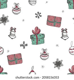 Christmas and Happy New Year seamless pattern with gift boxes. Cute holiday print.