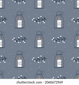 Christmas and Happy New Year seamless pattern with Christmas candle, fir branches and berries. Vector design template. Digital paper.
