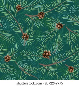 Christmas and Happy New Year seamless pattern. Winter seamless pattern. Vector illustration with pine branches fir branches and cones on a green background.