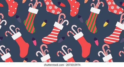 Christmas and Happy New Year seamless pattern Vector with Christmas candy cane, socks and Xmas lamps. Trendy retro style. Design template. Vector for fabric, wallpaper, wrapping paper, craft, texture.