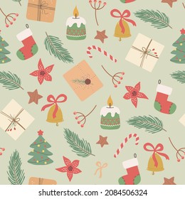 Christmas and Happy New Year seamless pattern with Christmas gift boxes, fir branches and berries. Vector design template. Digital paper.