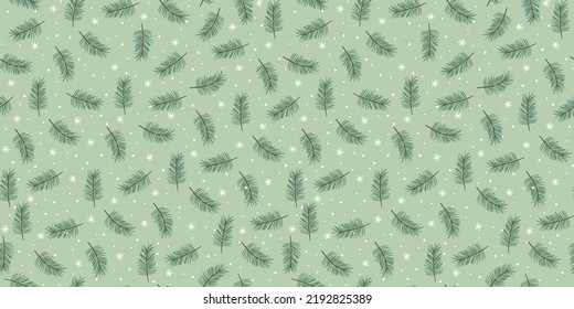 Christmas and Happy New Year seamless pattern. Spruce branches, snowflakes, snow. New Year symbols.Trendy retro style. Vector design template.