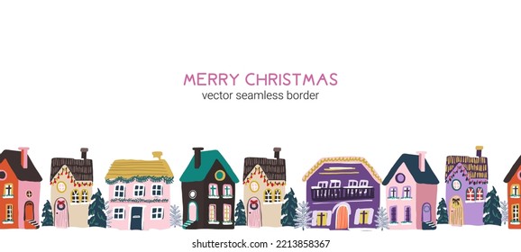 Christmas and Happy New Year seamless border with cartoon houses and trees. Trendy retro style. Vector design template.