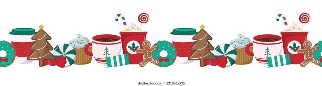 Christmas and Happy New Year seamless border with Christmas sweets and drinks. Trendy retro style. Vector design template.