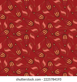 Christmas and Happy New Year seamless pattern with Christmas decoration and gifts. Trendy retro style. Vector design template.
