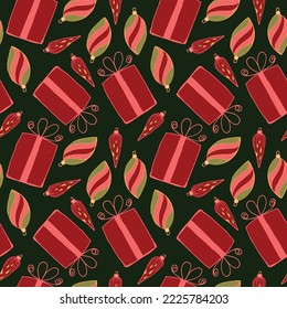 Christmas and Happy New Year seamless pattern with Christmas decoration and gifts. Trendy retro style. Vector design template.
