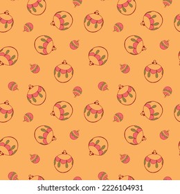 Christmas and Happy New Year seamless pattern with Christmas decoration and gifts. Trendy retro style. Vector design template.
