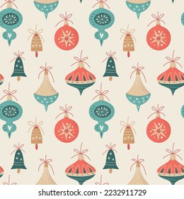 Christmas and Happy New Year seamless pattern with Christmas toys in trendy vintage style. Vector design