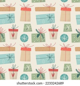 Christmas and Happy New Year seamless pattern with Christmas gift boxes in trendy vintage style. Vector design for winter sale background, wrapping paper, cards, textile