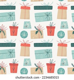 Christmas and Happy New Year seamless pattern with Christmas gift boxes in trendy vintage style. Vector design for winter sale background, wrapping paper, cards, textile