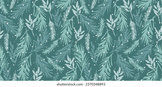 Christmas and Happy New Year seamless pattern. Spruce branches, snowflakes, snow. Trendy retro style. Vector design template.