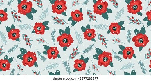 Christmas and Happy New Year seamless pattern. Christmas tree, flowers, berries. New Year symbols. Vector design template.