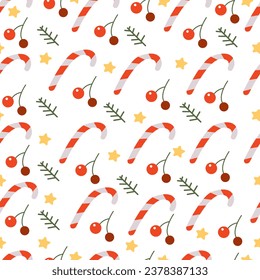 Christmas and Happy New Year seamless pattern with gift boxes, berries, stars. Vector design template.